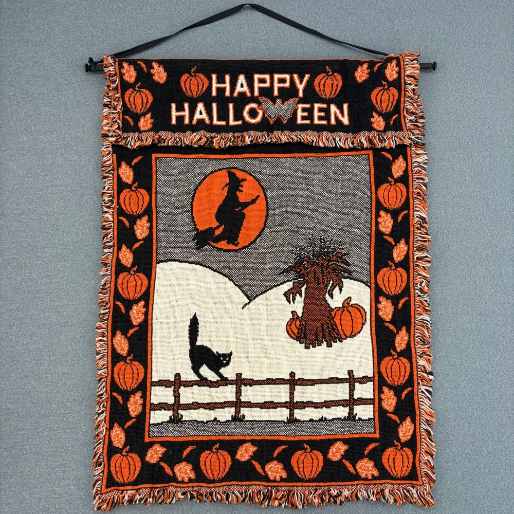 MWW Vintage Woven Halloween Tapestry Wall Hanging Witch Cat Pumpkin 23x31 Folk